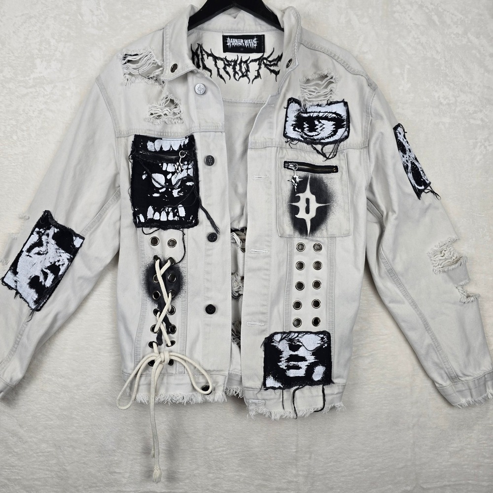 Darker Wavs Dolls Kill Distortion Unisex Distressed Denim Jacket Grey S ADW22899